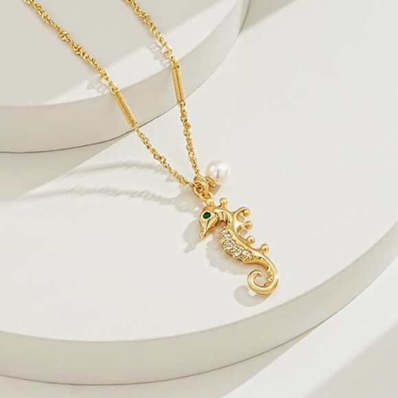 Seahorse Charm Necklace in Gold – Delicate Coastal Statement - Picture 5 of 6